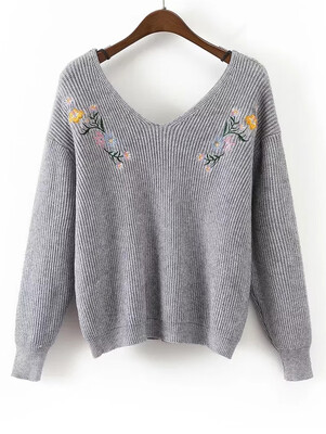 

Floral Embroidered V Neck Sweater