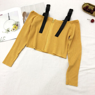 

Fashion Solid Color Zipper Women Sweater 2019 Sexy Slash Neck Sling Crop Tops Female Long Sleeve Knitted Sweaters Knitwear