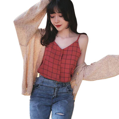 

Women Summer V Neck Plaid Tops Women Sleeveless Button Beach Casual Tank Tops Vest Female Sexy Strap Chiffon Tops