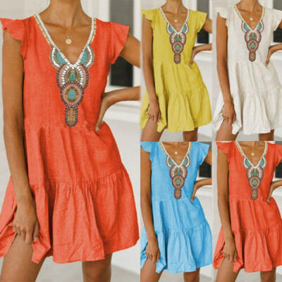 

New Women Sleeveless Boho Casual Loose Printed Kaftan Maxi Dress Short Sundress