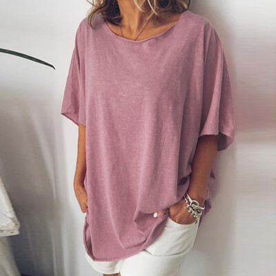 

Women Short Sleeve Loose Button Holiday Blouse Solid Color Round Neck T-Shirt