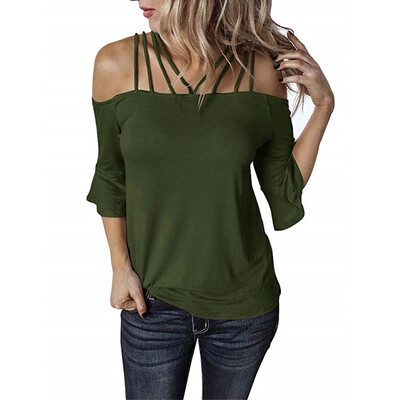 

Nomeni Women Summer Off Shoulder Short Sleeve Loose Solid Plus Size Casual T-Shirt