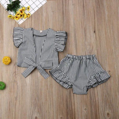 

US Sweet Summer Infants Baby Girls Plaids Fly-Sleeve Tops Ruffle Pants Clothes