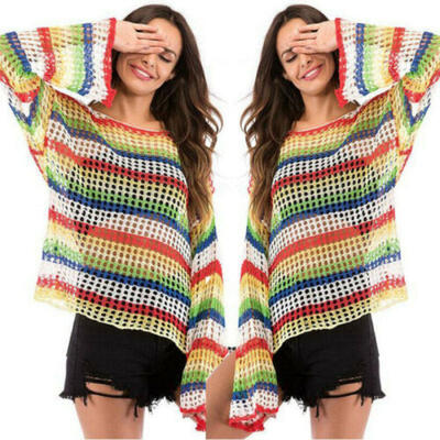 

Womens Casual Long Sleeve See Through Crochet T-Shirt Tops Multicolored Blouse