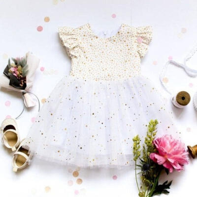 

Toddler Kids Baby Girl Short Sleeve Sequined Veil Ruffle Princess Party Formal Dress
