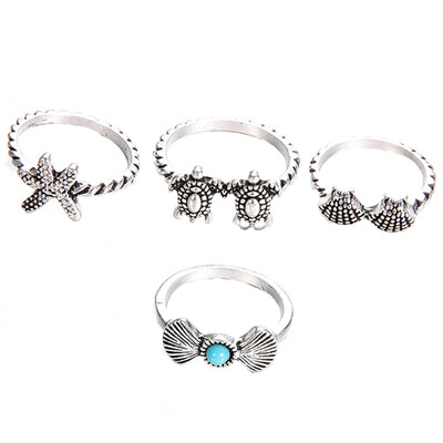 

4PcsSet Vintage Bohemian Crown Starfish Turquoise Ring Set Jewelry Accessories