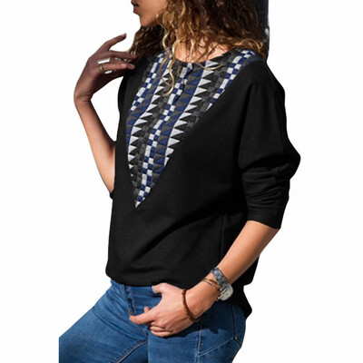 

Round neck long sleeve color stitching casual womens loose top