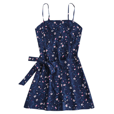 

Spaghetti Strap Backless Floral Print Bowknot Strap Women Mini Dress