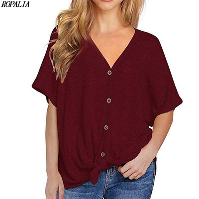

Summer Batwing Short-sleeved Knit T-Shirts V-neck Hem Twisted Button Top Novel Womens Clothing
