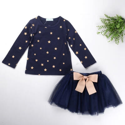 

Baby Girls Party Star Bowknot Tops T-shirtSkirts 2pcs Outfits Set Dress 2-7Y