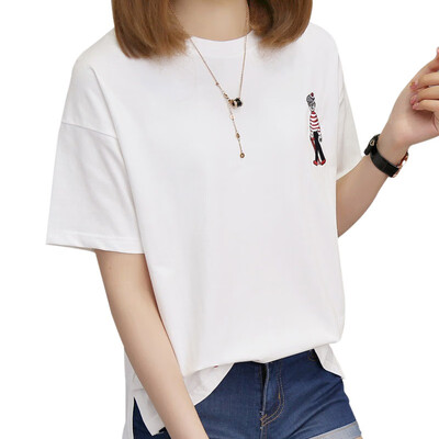 

Cartoon Embroidery Korean Version Half Sleeves T-shirt For Women Casual Loose Round Neck Tops Female Student Girls T-Shirt