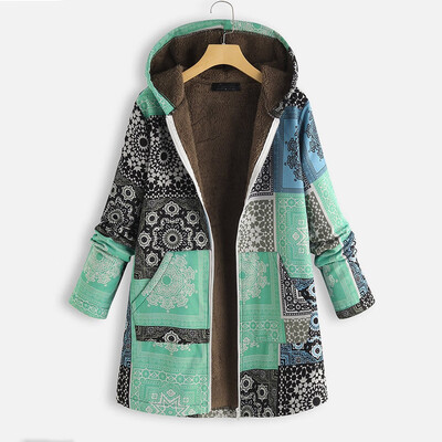 

Toponeto Fashion Women Winter Autumn Hooded Vintage Ethnic Print Zipper Warm Fleece Coat