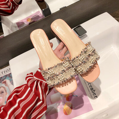 

Slippers women wear summer Korean version of Joker Beaded word drag fashion low heel fairy sandals