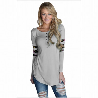 

Grey round neck long sleeve floral print stitching sleeves casual top