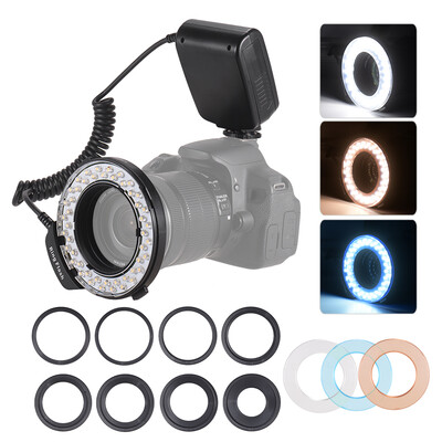 

HD-130 Macro LED Ring Flash Light LCD Display 3000-15000K GN46 Power Control with 3 Flash Diffusers 8 Adapter Rings for Canon Niko