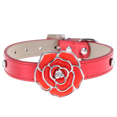 

Dog Collar PU Leather Flower Rhinestones Puppy Cat Pet Neck Belt Strap Red