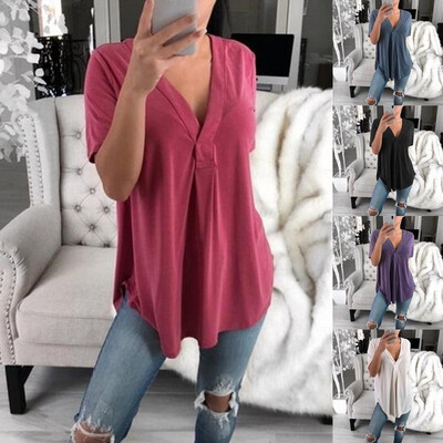 

2019 summer WISH AliExpress new European&American cross-border womens V-neck short-sleeved shirt loose large size shirt T-shi