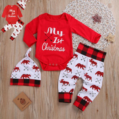 

My First Christmas Newborn Baby Boy Girl Romper Deer Plaid Pants Hat Clothes Set