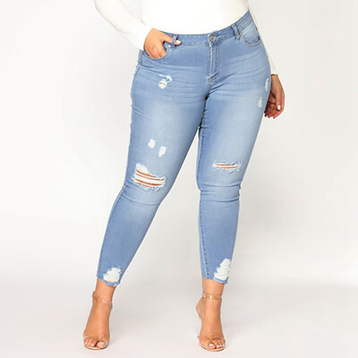 

Tailored Women Slim Plus Size Ripped Hole Gradient Long Jeans Denim Regular Pants