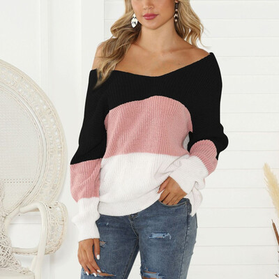 

〖Follure〗Women Casual V-Neck Backless Patchwork long Sleeve Knitted Loose Sweater Tops