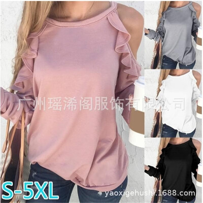 

2019 spring large size chiffon shirt womens new Amazon ebay round neck strapless long-sleeved ruffled top white