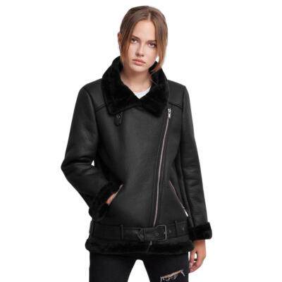 

Winter Faux Leather Jacket Women Turn Down Collar Warm Street Pockets Coat