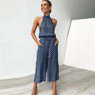 Starmoon Women Summer Dot Printing Cold Shoulder Sleeveless Rompers Jumpsuit Playsuit