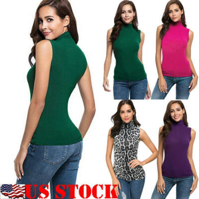 

Womens Sexy Vest Sleeveless High Turtle Neck Vest T-Shirts Tank Top Blouse Cami
