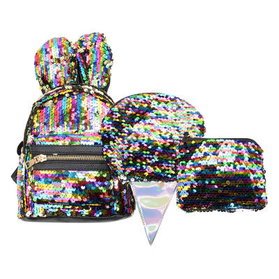 

3pcsset Women Rabbit Ear Sequin Mini Backpacks Teenager Girl Shoulder Bags