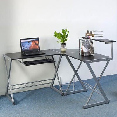 

Shaped Computer Desk Workstation Corner Desk Home Office Laptop PC Table With Top Shelf