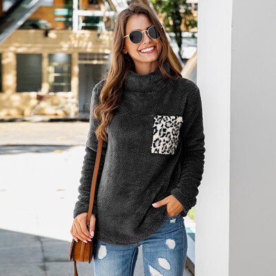 

Women Sweatshirt Shaggy Faux Fur Leopard Print Pocket Splicing High Neck Long Sleeve Casual Tops