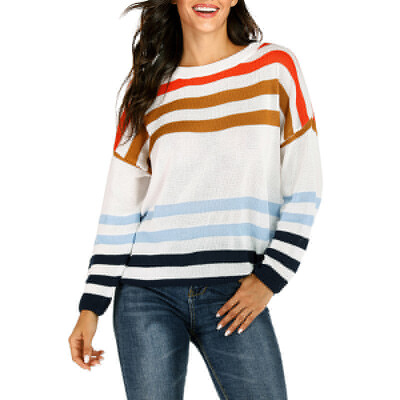 

New Contrast Striped Round Neck Sweater Loose Casual Wild Knit Top