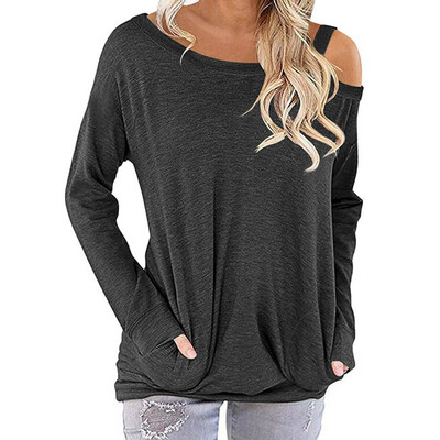 

Women Autumn Winter Fashion Casual Top with Pockets Pure Color T-shirt Loose Oblique collar Long sleeve T-Shirt