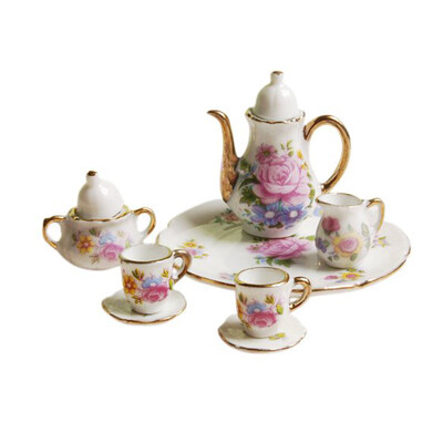 

Siaonvr 8pcs Dining Ware Porcelain Tea Set Pink Dish Cup Plate 16 Dollhouse Miniature