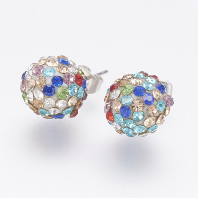 

Resin Rhinestone Ball Stud Earrings with Stainless Steel Pins&Iron Ear Nuts Round Colorful 11mm Pin 07mm