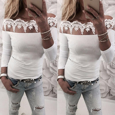 

NEW Women Sexy Solid Lace Cold Shoulder Long Sleeve Slim Blouse Top T-Shirt S-XL