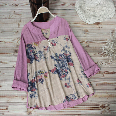 

Starmoon Women Vintage V-Neck Floral Printing Patch Long Sleeves Top T-Shirt Blouse