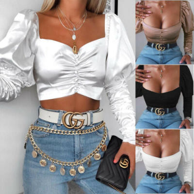 

Autumn Womens Off Shoulder Bra Puff Long Sleeve T-Shirt Casual Blouse Crop Top