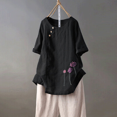 

Roseonmyhand Womens Cotton&Linen Plus Size Embroidery O-Neck Button Casual Blouse Tops