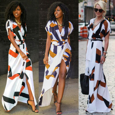 

UK Womens V-Neck Split Dress Boho Summer Beach Casual Long Sundress HUA