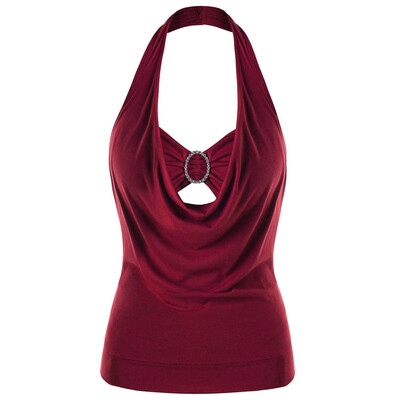 

Roseonmyhand Women Vest Fashion Plus Size Solid Sleeveless Embellished Halter Neck Tank Top