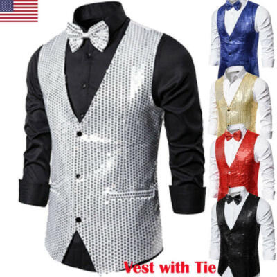 

US Mens Sequin Formal Business Slim Fit Dress Vest Suit Tuxedo Waistcoat Tie