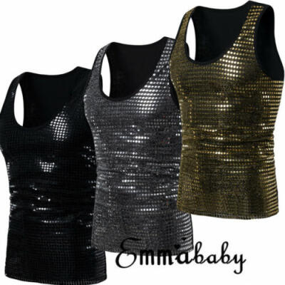 

Mens Sequin Stretchy Vest Tank Top Sleeveless T-shirt Tee Shirt Stage Costume