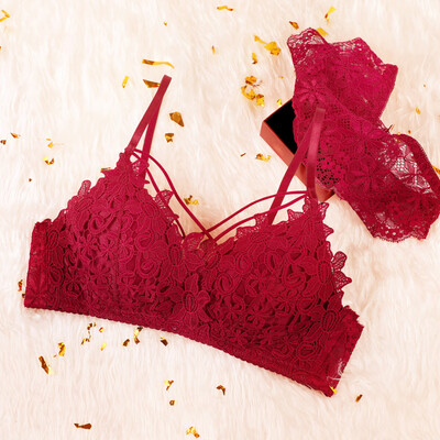 

Honey lattice sexy cross without rims lace girl bra set small chest gathered to receive the milk on the underwear women WN5016 wine red 85A