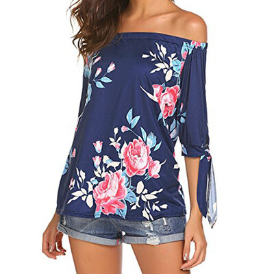 

Nomeni Women Floral Print Off Shoulder T-Shirt Short Sleeve Casual Tops Blouse BKL