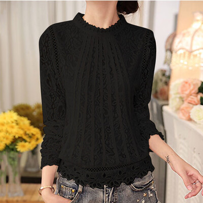 

Tailored Ladies Autumn Lace Long Sleeve T-Shirt Blouse Pullover High Neck Loose