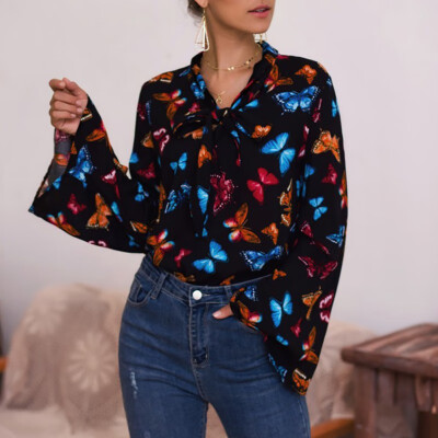 

2019 Autumn New Women Bow Tie Butterfly Print Trumpet Sleeve Long Sleeve Shirt Office Lady Clothing White Black