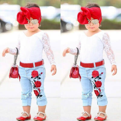 

UK Newborn Kids Baby Girls 3D Flower Tops Lace Shirt Denim Pants Outfit htrghh
