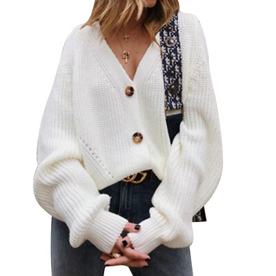 

Autumn Winter Women Fashion Solid color V-neck Long sleeve Knit cardigan Sweater