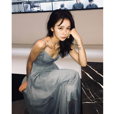 

Black v-neck sling dress autumn dress female 2018 new long section mesh dress small black dress